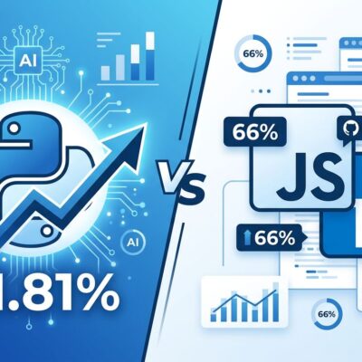 Split-screen comparison showing Python ranking versus JavaScript and TypeScript