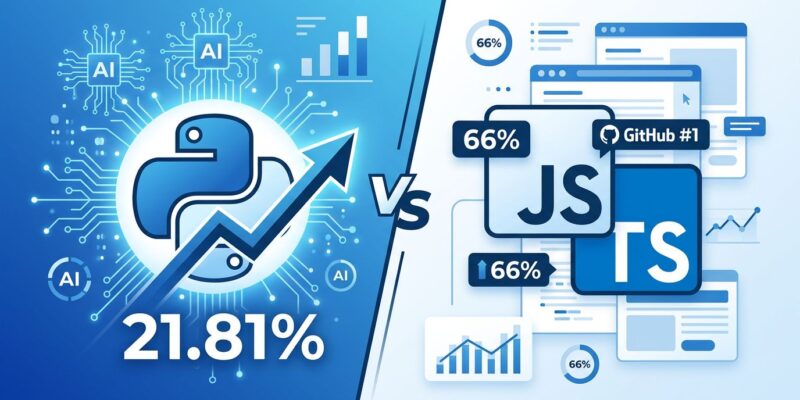 Split-screen comparison showing Python ranking versus JavaScript and TypeScript