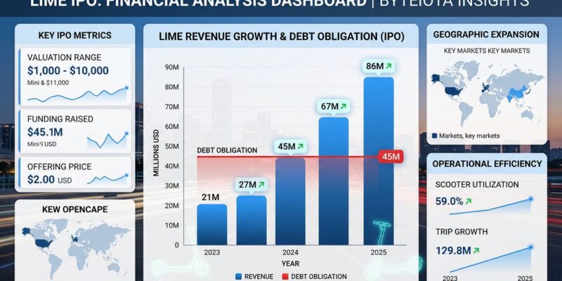 Data visualization showing Lime's 86M revenue growth contrasted with 45M debt crisis for IPO filing