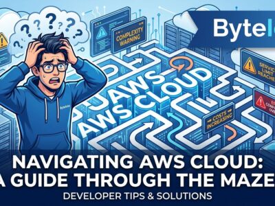 Illustration showing AWS cloud complexity with warning signs and developer frustration concept