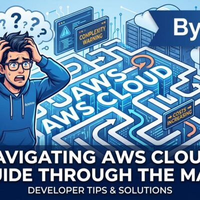 Illustration showing AWS cloud complexity with warning signs and developer frustration concept