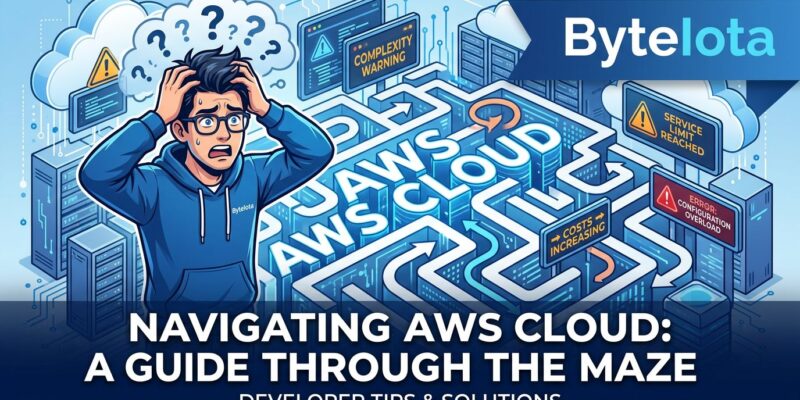 Illustration showing AWS cloud complexity with warning signs and developer frustration concept
