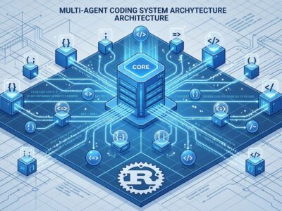 Isometric 3D illustration of multi-agent coding architecture with central server core and connected agent nodes in blue and white