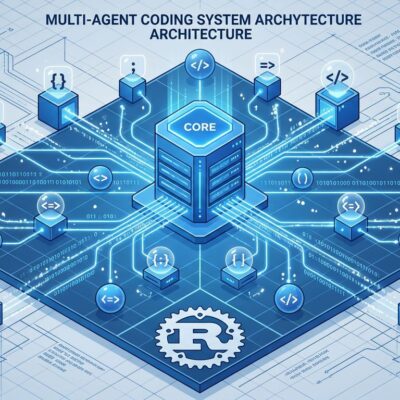 Isometric 3D illustration of multi-agent coding architecture with central server core and connected agent nodes in blue and white