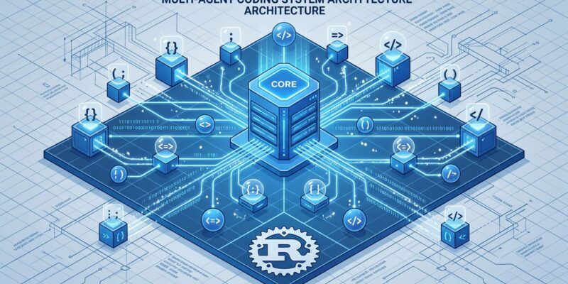 Isometric 3D illustration of multi-agent coding architecture with central server core and connected agent nodes in blue and white