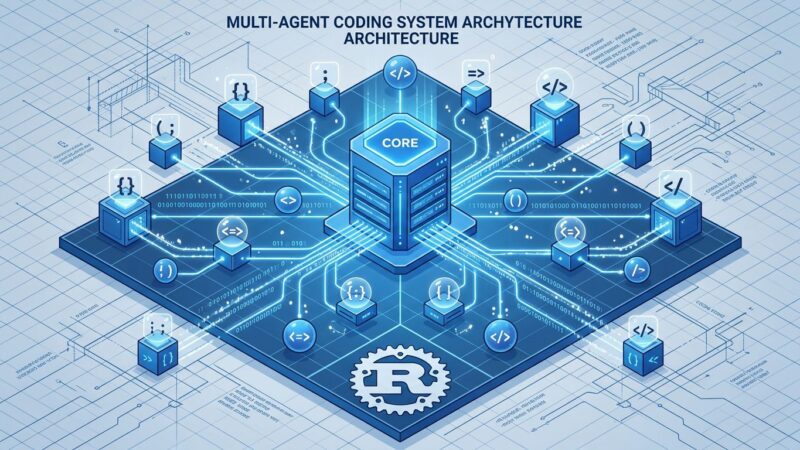Isometric 3D illustration of multi-agent coding architecture with central server core and connected agent nodes in blue and white