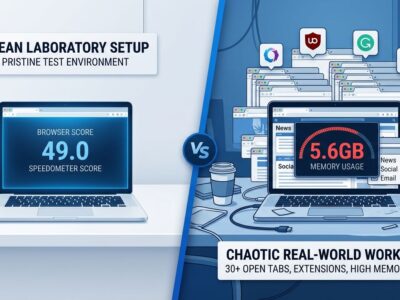 Split-screen comparison showing clean laboratory browser test on left versus chaotic real-world workspace with 30+ tabs and extensions on right