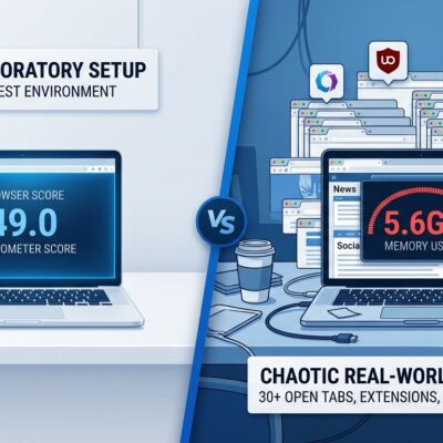 Split-screen comparison showing clean laboratory browser test on left versus chaotic real-world workspace with 30+ tabs and extensions on right