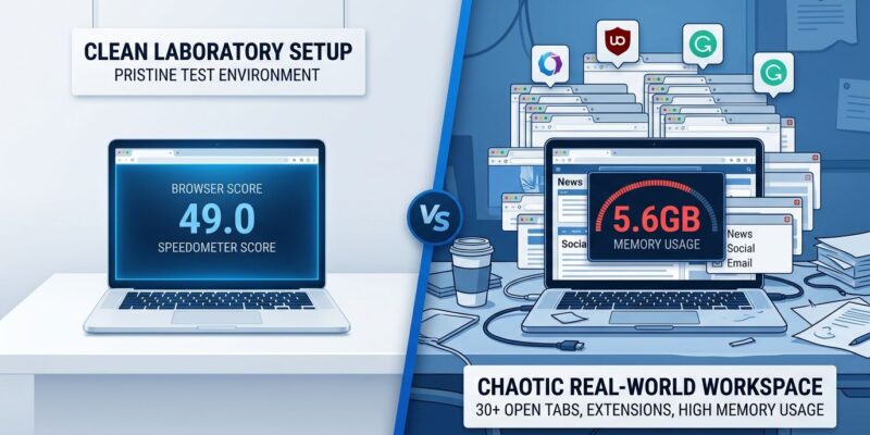 Split-screen comparison showing clean laboratory browser test on left versus chaotic real-world workspace with 30+ tabs and extensions on right