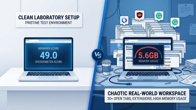 Split-screen comparison showing clean laboratory browser test on left versus chaotic real-world workspace with 30+ tabs and extensions on right