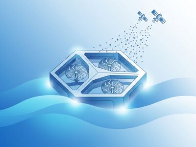Abstract illustration of Panthalassa ocean AI data center platform with flowing blue waves and geometric structure
