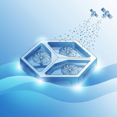Abstract illustration of Panthalassa ocean AI data center platform with flowing blue waves and geometric structure