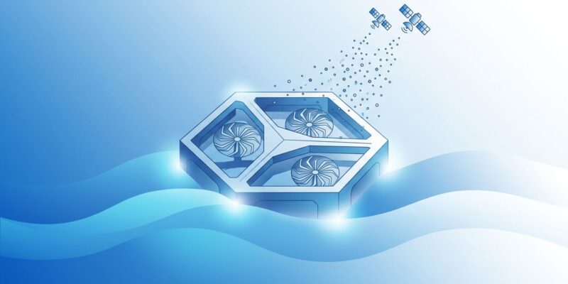 Abstract illustration of Panthalassa ocean AI data center platform with flowing blue waves and geometric structure