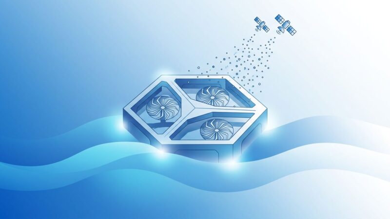 Abstract illustration of Panthalassa ocean AI data center platform with flowing blue waves and geometric structure
