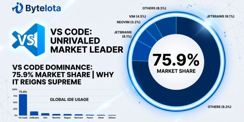 VS Code market dominance visualization showing 75.9% market share in the IDE market