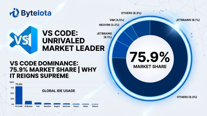 VS Code market dominance visualization showing 75.9% market share in the IDE market