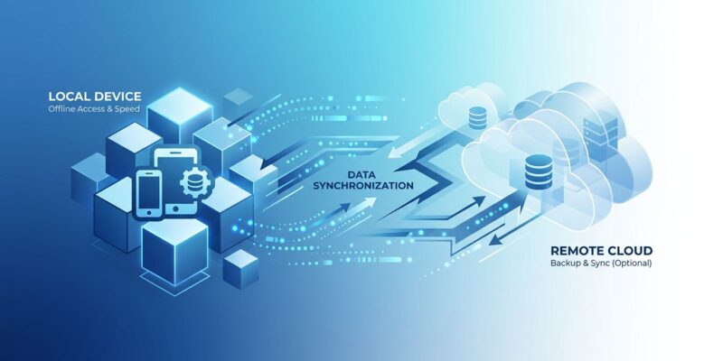 Local-first software architecture diagram showing device-to-cloud data flow