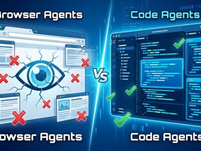 Split-screen comparison showing browser agents with visual processing on the left fading away, versus code-level agents with file operations on the right thriving