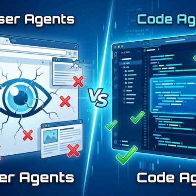 Split-screen comparison showing browser agents with visual processing on the left fading away, versus code-level agents with file operations on the right thriving