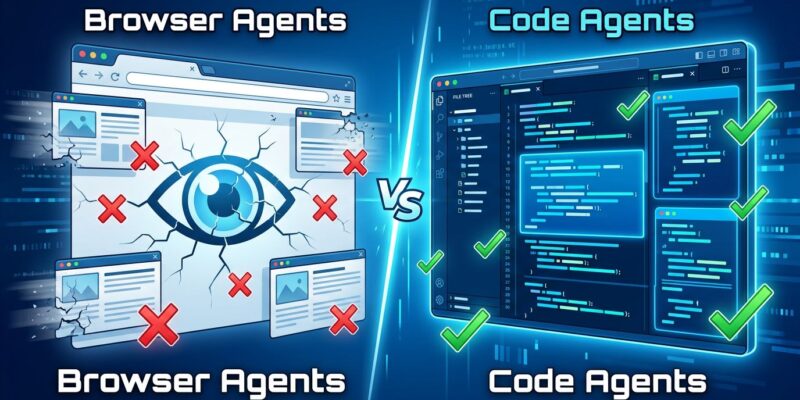 Split-screen comparison showing browser agents with visual processing on the left fading away, versus code-level agents with file operations on the right thriving