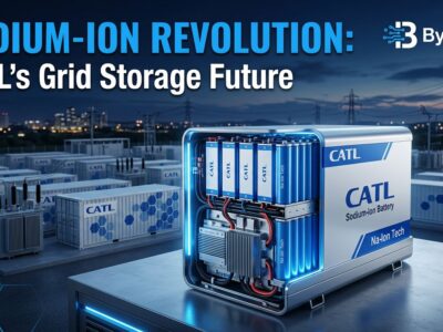 CATL sodium-ion battery technology with grid storage infrastructure in blue and white ByteIota brand colors
