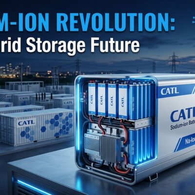 CATL sodium-ion battery technology with grid storage infrastructure in blue and white ByteIota brand colors
