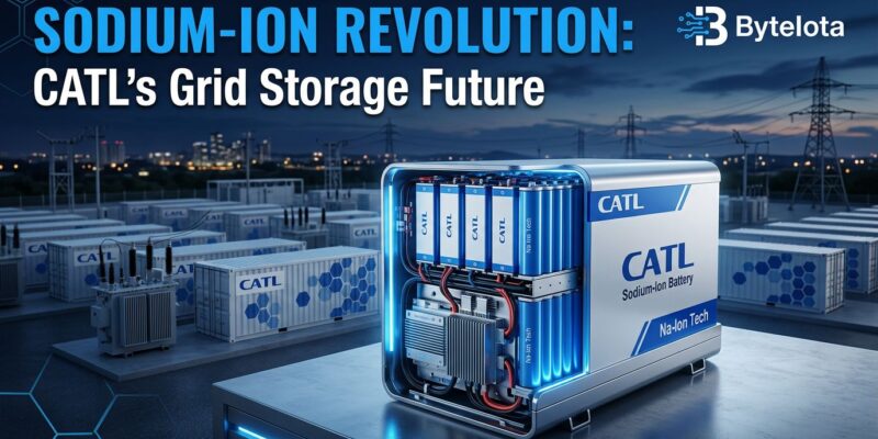 CATL sodium-ion battery technology with grid storage infrastructure in blue and white ByteIota brand colors