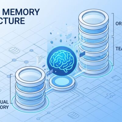 Isometric 3D illustration of AI agent memory architecture showing layered storage and knowledge persistence