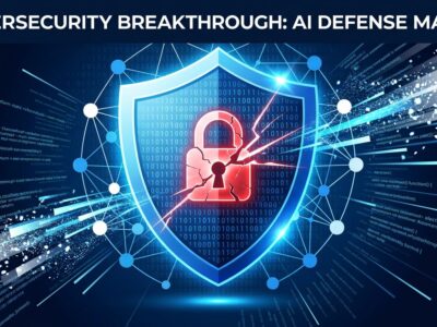 AI cybersecurity shield with vulnerability symbols