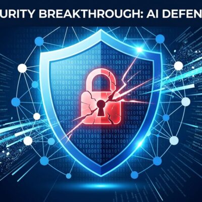 AI cybersecurity shield with vulnerability symbols