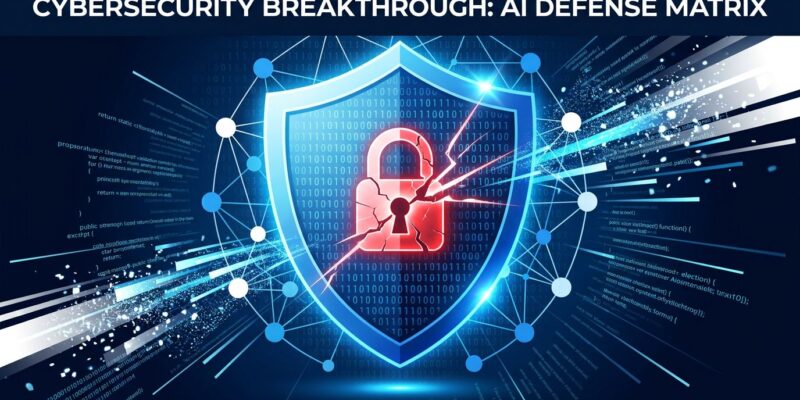 AI cybersecurity shield with vulnerability symbols