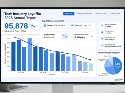 Data visualization showing 95,878 tech job cuts in 2026 with major layoffs from Oracle, Meta, and Microsoft