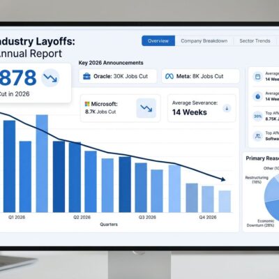 Data visualization showing 95,878 tech job cuts in 2026 with major layoffs from Oracle, Meta, and Microsoft