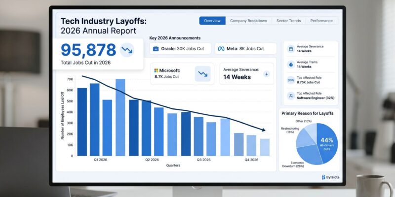 Data visualization showing 95,878 tech job cuts in 2026 with major layoffs from Oracle, Meta, and Microsoft