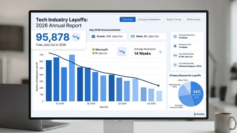 Data visualization showing 95,878 tech job cuts in 2026 with major layoffs from Oracle, Meta, and Microsoft