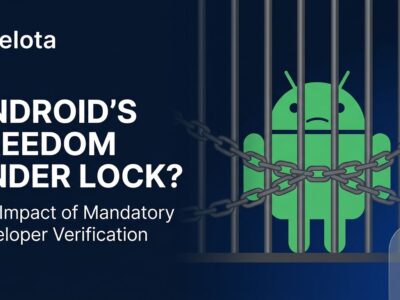 Android robot behind prison bars symbolizing lost freedom from Google's mandatory developer verification policy