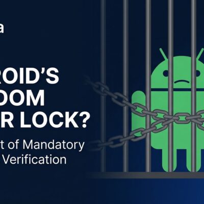 Android robot behind prison bars symbolizing lost freedom from Google's mandatory developer verification policy