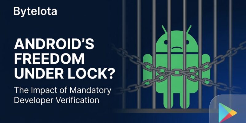 Android robot behind prison bars symbolizing lost freedom from Google's mandatory developer verification policy