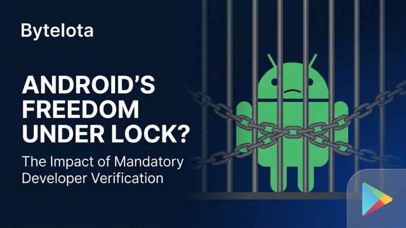 Android robot behind prison bars symbolizing lost freedom from Google's mandatory developer verification policy