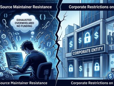 Split-screen illustration showing the debate between exhausted OSS maintainers and corporate restrictions on open source contributions