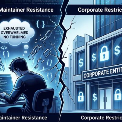 Split-screen illustration showing the debate between exhausted OSS maintainers and corporate restrictions on open source contributions