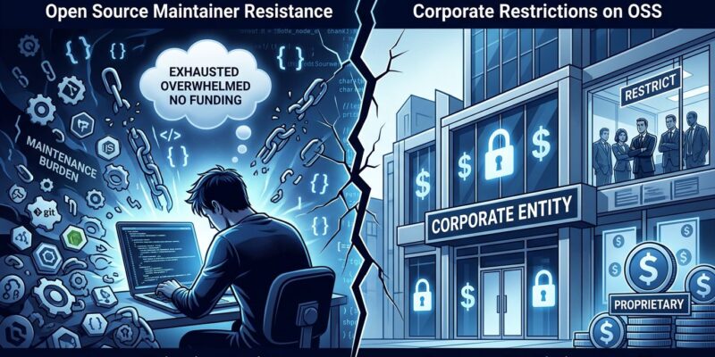 Split-screen illustration showing the debate between exhausted OSS maintainers and corporate restrictions on open source contributions