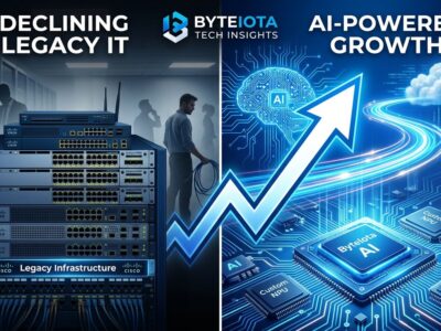 Split-screen showing traditional Cisco networking equipment on left fading away while AI circuit patterns and silicon chips emerge on the right