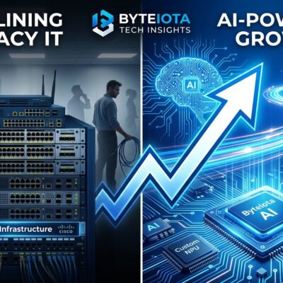 Split-screen showing traditional Cisco networking equipment on left fading away while AI circuit patterns and silicon chips emerge on the right