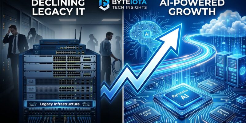 Split-screen showing traditional Cisco networking equipment on left fading away while AI circuit patterns and silicon chips emerge on the right