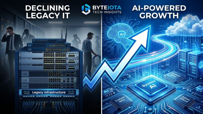 Split-screen showing traditional Cisco networking equipment on left fading away while AI circuit patterns and silicon chips emerge on the right