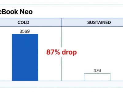 MacBook Neo benchmark chart showing 87% performance drop from 3569 to 476 single-core score after thermal throttling