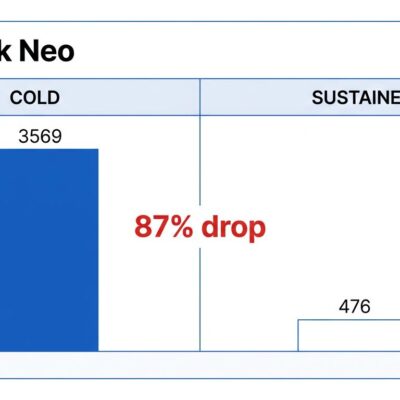 MacBook Neo benchmark chart showing 87% performance drop from 3569 to 476 single-core score after thermal throttling