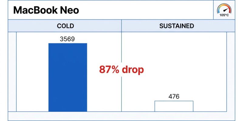 MacBook Neo benchmark chart showing 87% performance drop from 3569 to 476 single-core score after thermal throttling