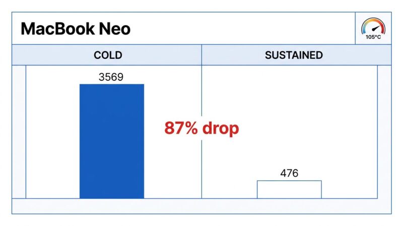 MacBook Neo benchmark chart showing 87% performance drop from 3569 to 476 single-core score after thermal throttling